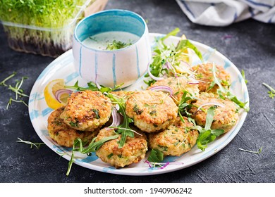 Homemade Fish Croquette With White Fish, Bulgur, Spinach And Breadcrumbs. Fritters From Minced Cod.