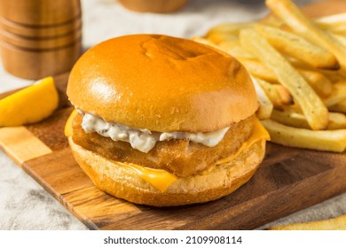 Homemade Fish Filet Sandwich with Cheese and Tartar Sauce