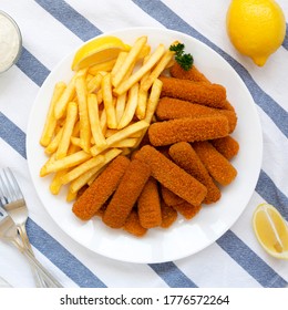 Homemade Fish Sticks And Fries With Tartar Sauce, Top View. Flat Lay, Overhead, From Above. 