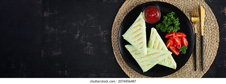 Homemade Flatbread With Cheese, Tomatoes And Green Herbs. Traditional  Flatbread. Top View, Overhead