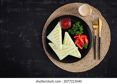 Homemade Flatbread With Cheese, Tomatoes And Green Herbs. Traditional  Flatbread. Top View, Overhead