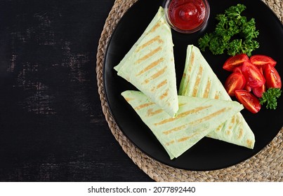 Homemade Flatbread With Cheese, Tomatoes And Green Herbs. Traditional  Flatbread. Top View, Overhead