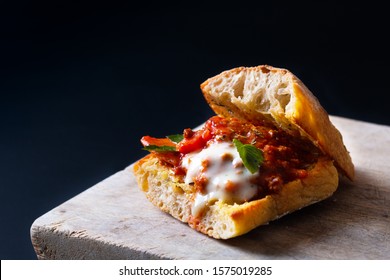 Homemade Food Concept Organic Bolognese Grill Artisan Bread Sandwich On Black Background With Copy Space