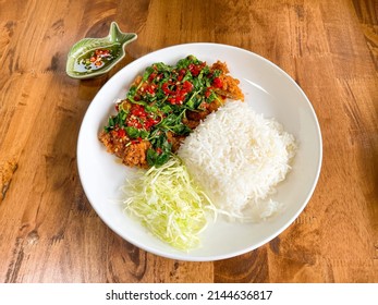 Homemade food, Fried pork cutlet top on stir fried basil sauce with shredded cabbage. Serve with fish sauce. (Tonkatsu stir fried basil rice)