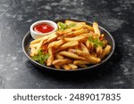 Homemade French fries with ketchup, homemade roasted in the air fryer.