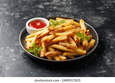 Homemade French fries with ketchup, homemade roasted in the air fryer.