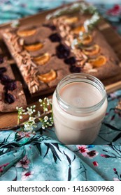 Homemade Fresh Healthy Almond Nuts Milk. Baked Pie With Fruit Styled On The Table With Almond Milk. Breakfast Rustic Flatlay, Bio Vegan Lifestyle, Instagram Filter