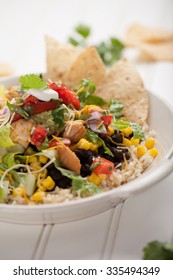 Homemade Fresh Organic Chicken Chipotle Black Bean Salad Bowl Close Shot On White Wood