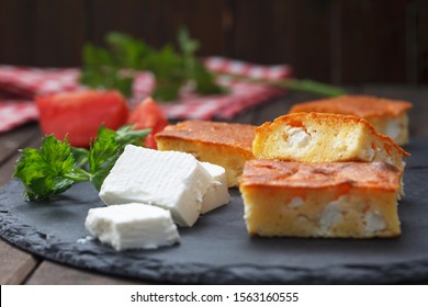 Homemade, Freshly Baked Cornbread With Cheese On Dark Background. Proja - Bread  Made Of Corn Flour. Healthy Food.