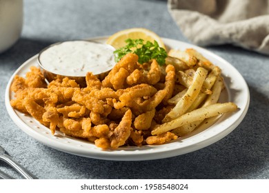 Homemade Fried Clam Strips With Fries And Tartar Sauce