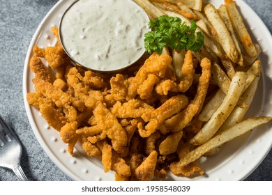 Homemade Fried Clam Strips With Fries And Tartar Sauce