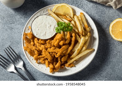 Homemade Fried Clam Strips With Fries And Tartar Sauce