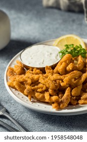 Homemade Fried Clam Strips With Fries And Tartar Sauce