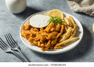 Homemade Fried Clam Strips With Fries And Tartar Sauce