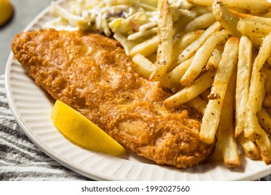 Homemade Fried Fish Dinner With Coleslaw And French Fries