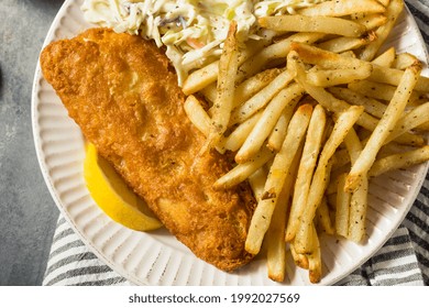 Homemade Fried Fish Dinner With Coleslaw And French Fries