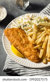 Homemade Fried Fish Dinner With Coleslaw And French Fries