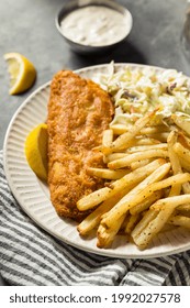 Homemade Fried Fish Dinner With Coleslaw And French Fries