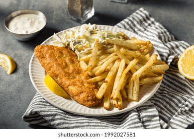 Homemade Fried Fish Dinner With Coleslaw And French Fries