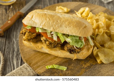 Homemade Fried Oyster Po Boy Sandwich with Lettuce and Tomato