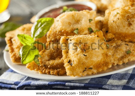 Homemade Fried Ravioli with Marinara Sauce and Basil