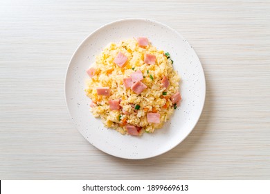 homemade fried rice with ham on plate