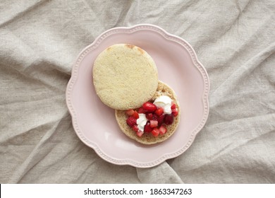 Homemade Frozen Berry And Cream Cheese In English Muffin Sandwich For Healthy Breakfast