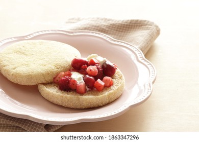 Homemade Frozen Berry And Cream Cheese In English Muffin Sandwich For Healthy Breakfast