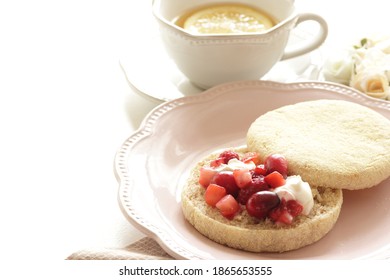 Homemade Frozen Berry And Cream Cheese In English Muffin Sandwich For Healthy Breakfast