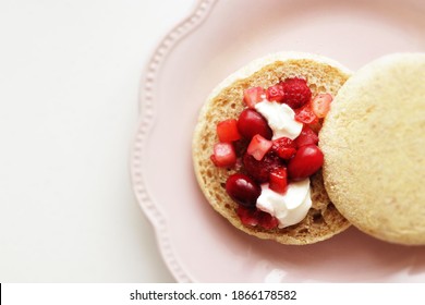 Homemade Frozen Berry And Cream Cheese In English Muffin Sandwich For Healthy Breakfast