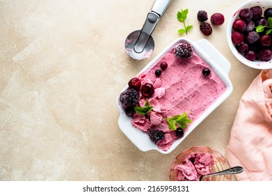 Homemade Fruit, Pink Sorbet With Banana And Berry Ice Cream Summer Refresing Treat, Copy Space