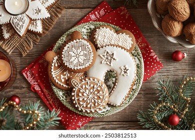 Homemade gingerbread Christmas cookies decorated with white icing on a green plate with spruce tree branches, walnuts and candles, top view