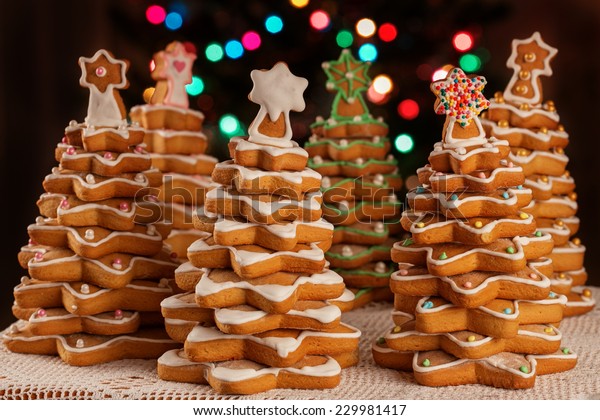 Homemade Gingerbread Cookies Christmas Trees Decorated Food And