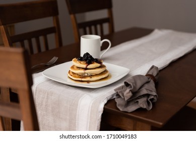 Homemade Gluten Free Dairy Free Vegan Blueberry Pancakes Made At Home From Scratch In Modern Kitchen Served With Coffee On Wooden Table Recipe And Steps 