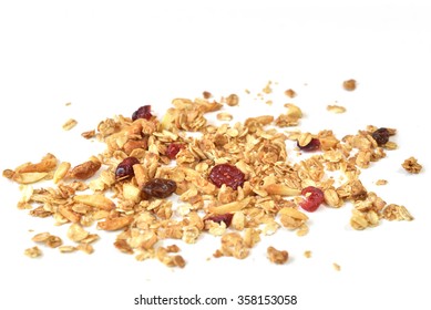 Homemade Granola With Honey, Oatmeal, Cashew Nut, Almond, Raisin And Cranberry On White Background