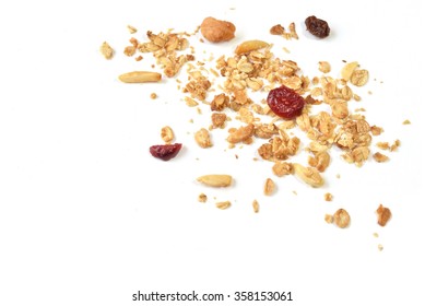 Homemade Granola With Honey, Oatmeal, Cashew Nut, Almond, Raisin And Cranberry On White Background