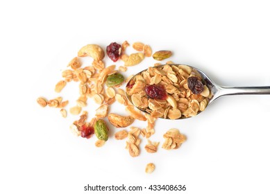 Homemade Granola With Honey, Oatmeal, Cashew Nut, Almond, Pistachio, Raisin And Cranberry On White Background