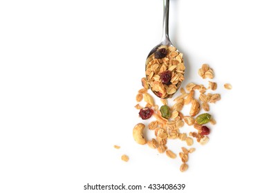 Homemade Granola With Honey, Oatmeal, Cashew Nut, Almond, Pistachio, Raisin And Cranberry On White Background