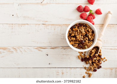 Homemade Granola With Milk For Breakfast Top View