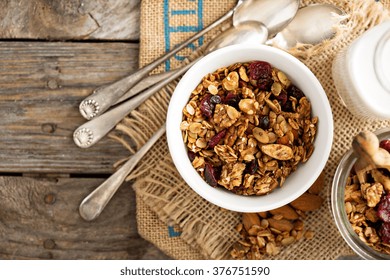 Homemade Granola With Milk For Breakfast Top View