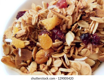 Homemade Granola With Oats, Coconut, Cranberries, Apricot And Almond Slivers