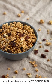 Homemade Granola With Raisins And Almonds  In A Bowl, Side View. 