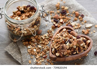 Homemade Granola In Wooden Bowl