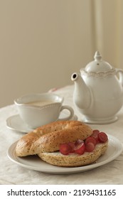 Homemade Grape And Cream Cheese In Tea Leaves Bagel Sandwich For Delicious Breakfast 