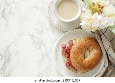 Homemade Grape And Cream Cheese In Tea Leaves Bagel Sandwich For Delicious Breakfast 