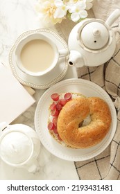 Homemade Grape And Cream Cheese In Tea Leaves Bagel Sandwich For Delicious Breakfast 