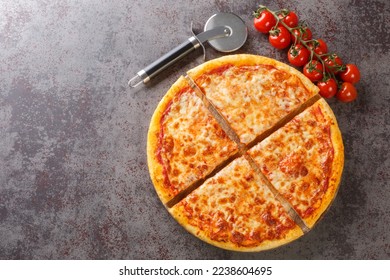 Homemade Greasy New York Cheese Pizza Ready to Eat closeup on the board on the table. Horizontal top view from above
 - Powered by Shutterstock