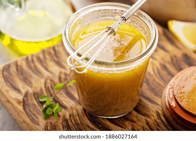 Homemade Greek Salad Dressing Or Marinade In A Glass Jar