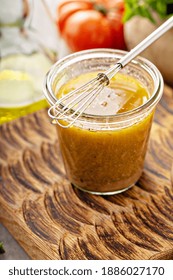 Homemade Greek Salad Dressing Or Marinade In A Glass Jar