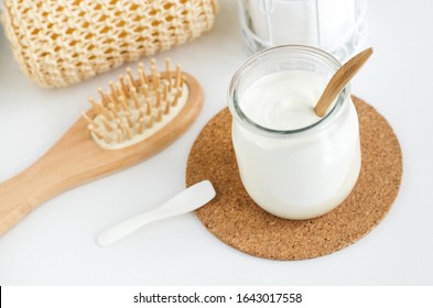 Homemade Greek Yogurt Face And Hair Mask In The Glass Jar. Diy Natural Beauty Treatment Recipe. Copy Space.